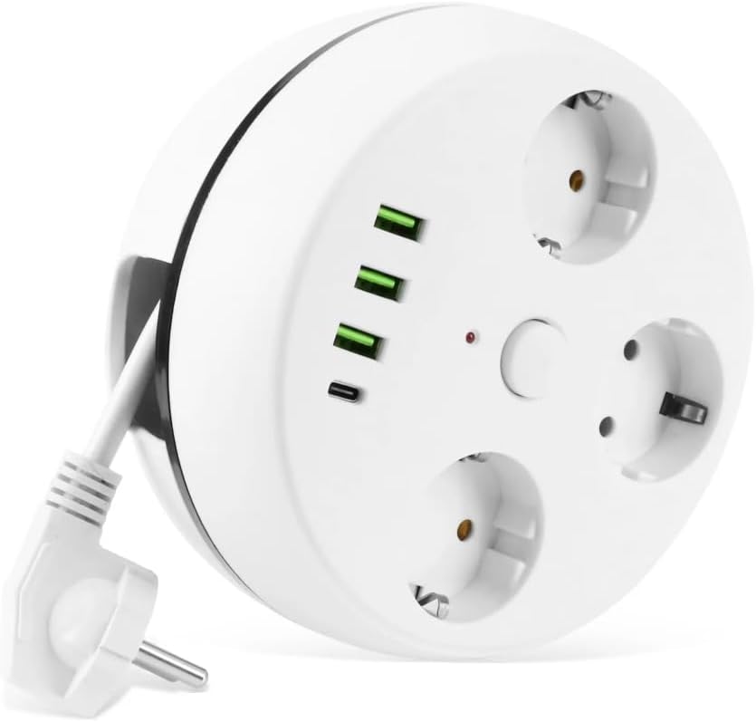 VEA 7-in-1 Surge Protected Power Strip, 3-way, with Switch, 3 USB ports, 1 Type-C port, 1.5 meter cable, retractable cable reel, 850 degree Celsius heat resistant.