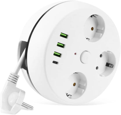VEA 7-in-1 Surge Protected Power Strip, 3-way, with Switch, 3 USB ports, 1 Type-C port, 1.5 meter cable, retractable cable reel, 850 degree Celsius heat resistant.