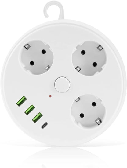 VEA 7-in-1 Surge Protected Power Strip, 3-way, with Switch, 3 USB ports, 1 Type-C port, 1.5 meter cable, retractable cable reel, 850 degree Celsius heat resistant.
