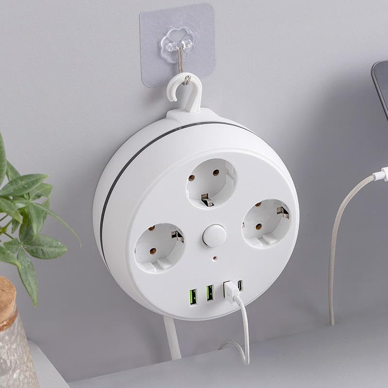VEA 7-in-1 Surge Protected Power Strip, 3-way, with Switch, 3 USB ports, 1 Type-C port, 1.5 meter cable, retractable cable reel, 850 degree Celsius heat resistant.