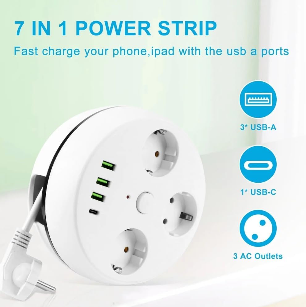 VEA 7-in-1 Surge Protected Power Strip, 3-way, with Switch, 3 USB ports, 1 Type-C port, 1.5 meter cable, retractable cable reel, 850 degree Celsius heat resistant.