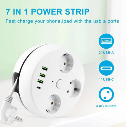 VEA 7-in-1 Surge Protected Power Strip, 3-way, with Switch, 3 USB ports, 1 Type-C port, 1.5 meter cable, retractable cable reel, 850 degree Celsius heat resistant.