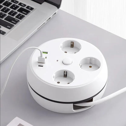 VEA 7-in-1 Surge Protected Power Strip, 3-way, with Switch, 3 USB ports, 1 Type-C port, 1.5 meter cable, retractable cable reel, 850 degree Celsius heat resistant.