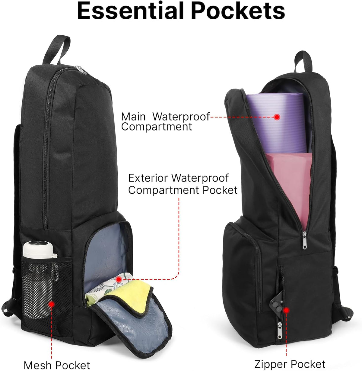 Yoga Mat Backpack with Storage Compartments – Waterproof Gym Bag with Multi Pockets & Bottle Holder