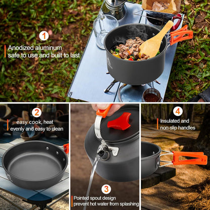 Camping Cookware Set (17pcs) – Portable Outdoor Cooking Kit with Pot, Pan, Kettle & Utensils